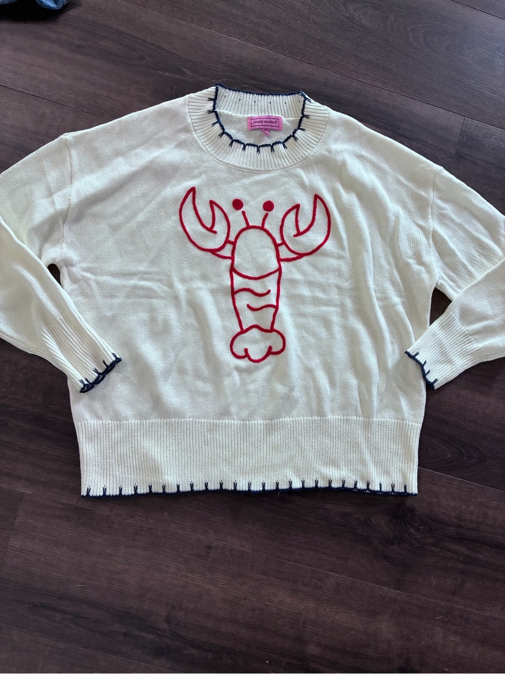 Simply Southern Cream Sweater with Red Lobster and Navy Trim